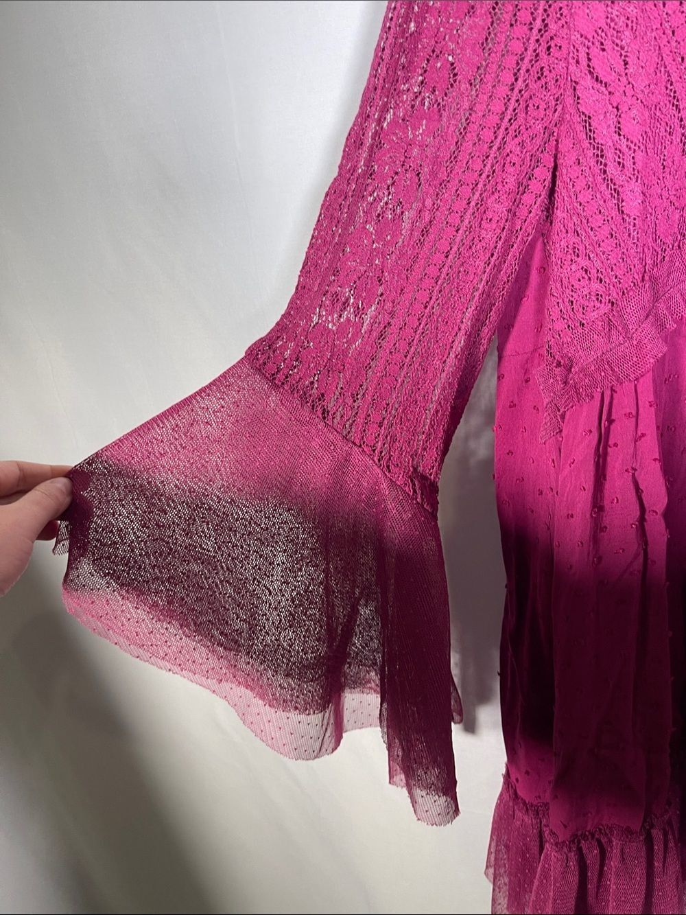 UMGEE MAGENTA PURPLE BOUTIQUE LACE TUNIC BOHO MINI DRESS BELL SLEEVES MEDIUM - Picture 3 of 5